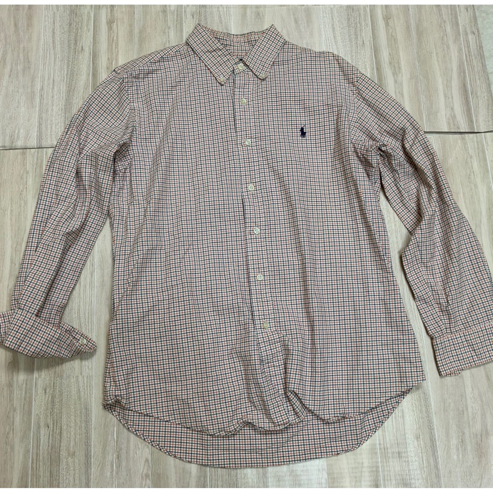 Ralph Lauren Custom Fit Mens Gingham Check Button Down Shirt Navy Orange L